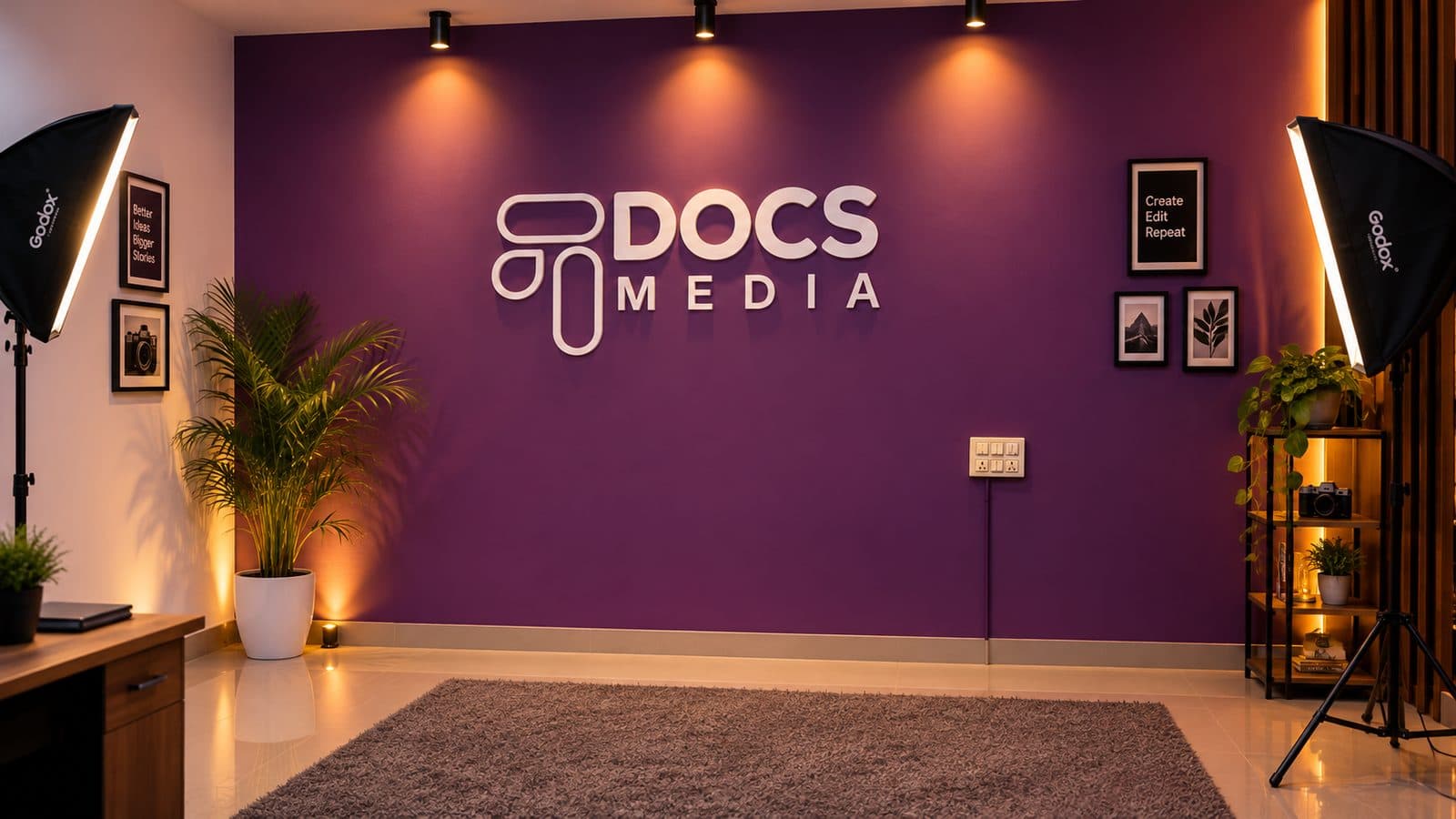 DOCS MEDIA studio wall with the illuminated logo on a purple backdrop