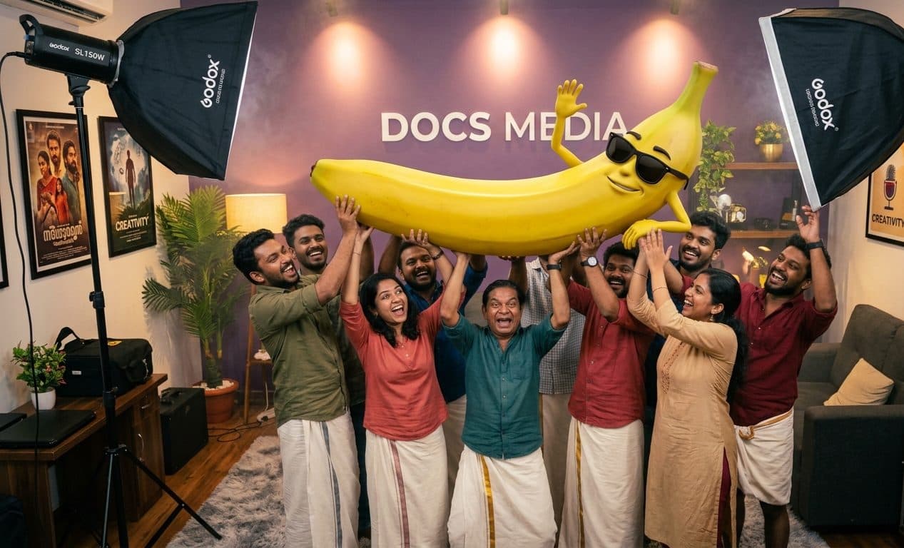 The DOCS MEDIA team in the studio lifting a giant cartoon banana mascot together