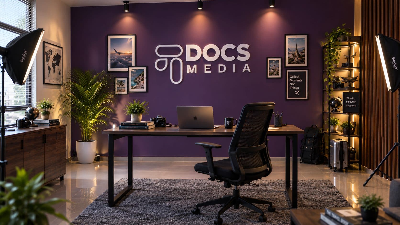 DOCS MEDIA creative studio with a purple brand wall, camera, softbox lighting and a desk workspace